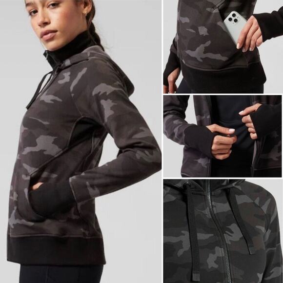 Athleta Triumph Printed Hoodie Sweatshirt Full-Zip Gray Black Camo thumb holes - Picture 4 of 10